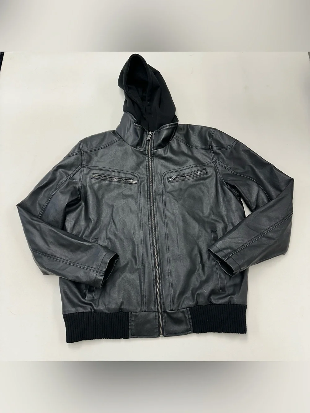 Guess Faux Leather Motorcycle Jacket Mens XL Black Zipper Lining Hoodie Moto